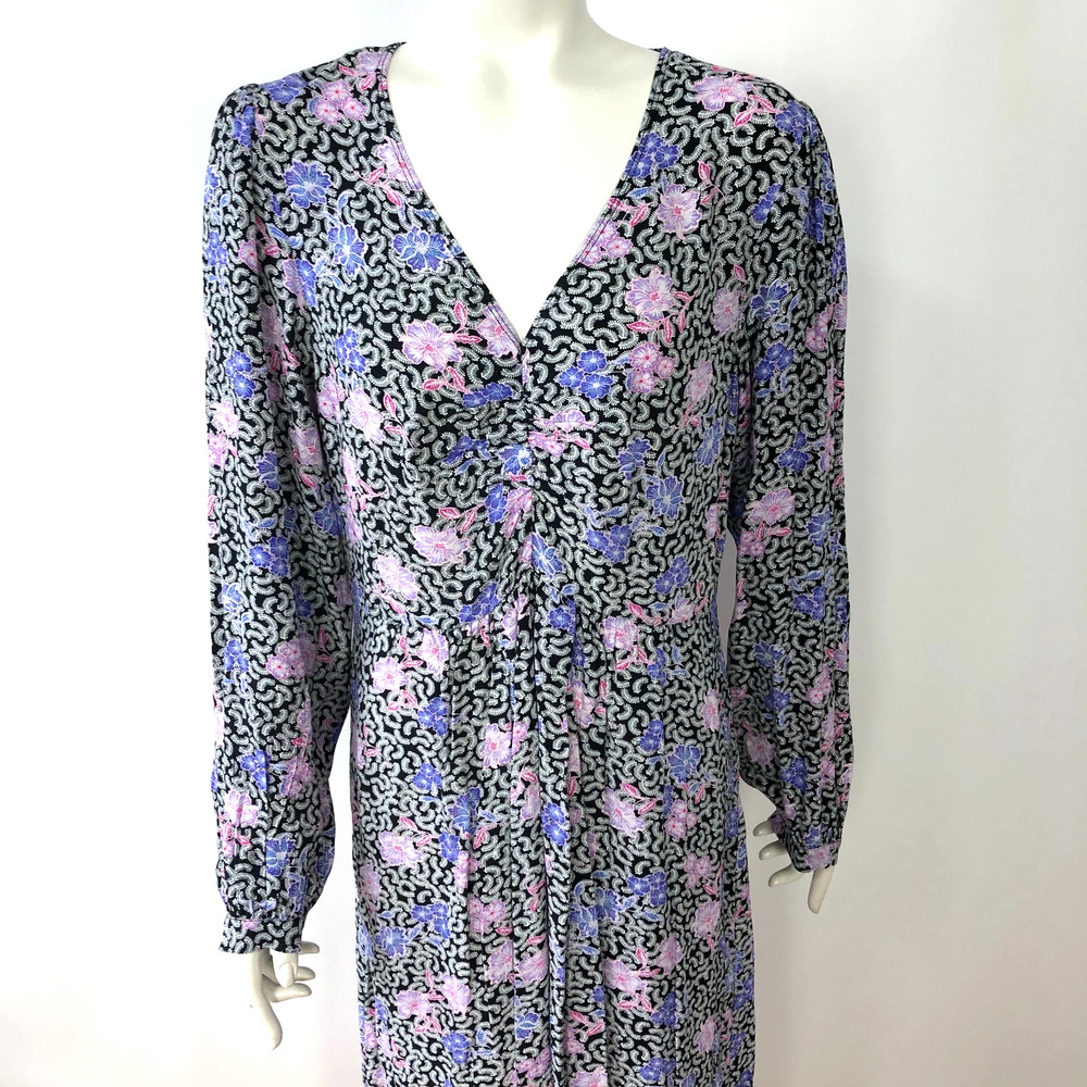 Loft 10 Rayon A-Line V-Neck Midi Below Knee Dress Floral Black Purple MINT